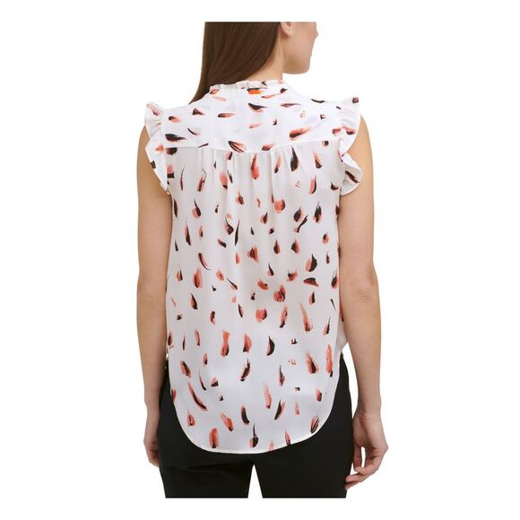 DKNY Womens Ivory Printed Crew Neck Wear To Work Blouse Petites PXS - Picture 2 of 4